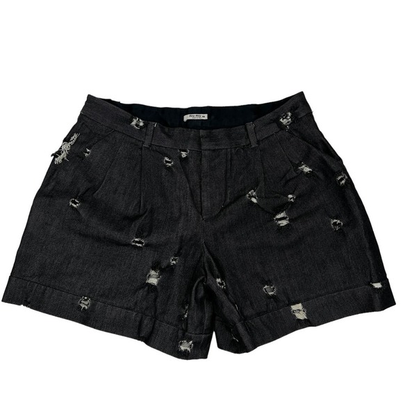 Miu Miu Black Italian Denim Distressed High Waisted Shorts 4 - Picture 1 of 6